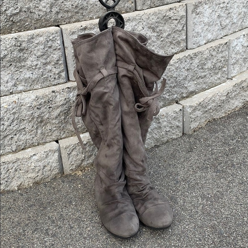 Gray suede mid-calf boots